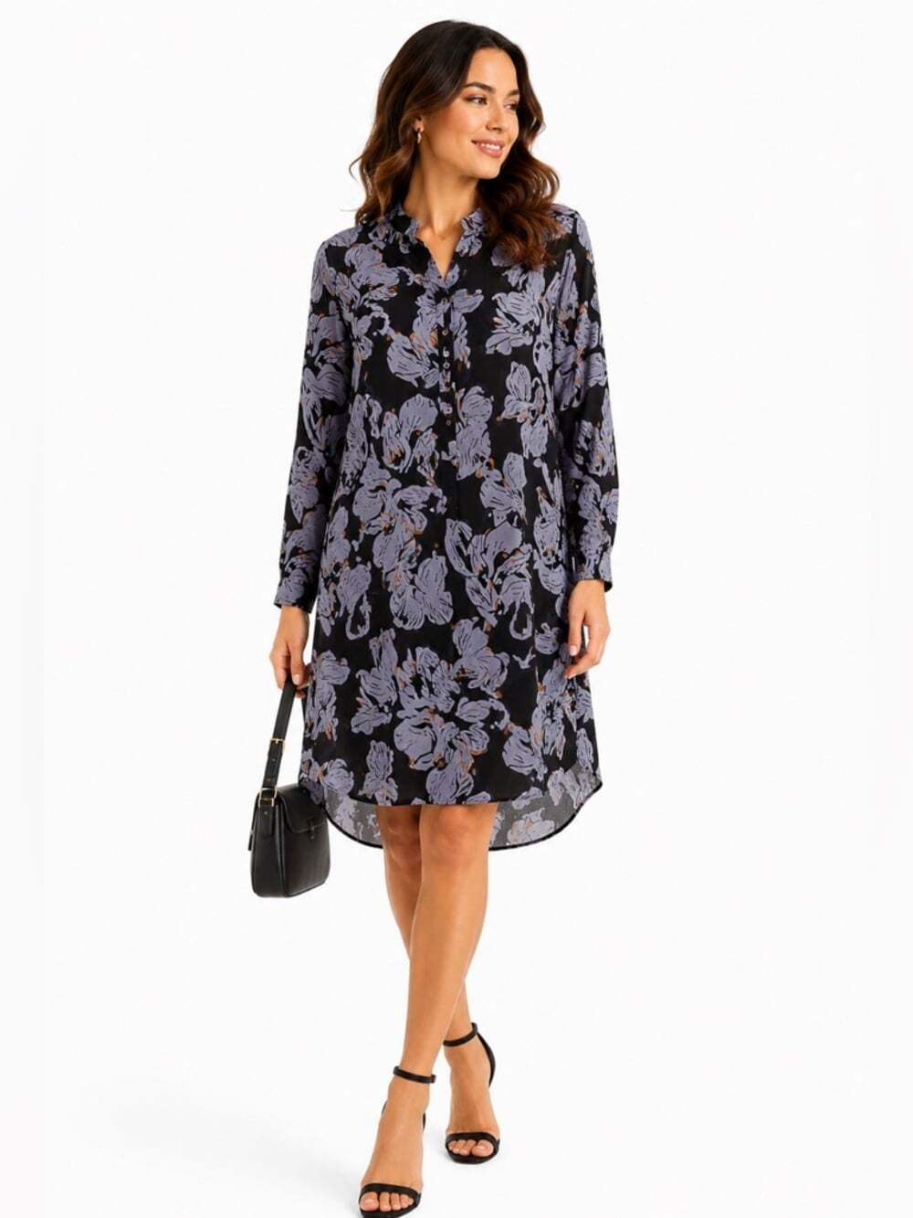 ICHI Women's Med Sheath T-Shirt Dress Black Grey Floral Tie Neck Long Sleeve